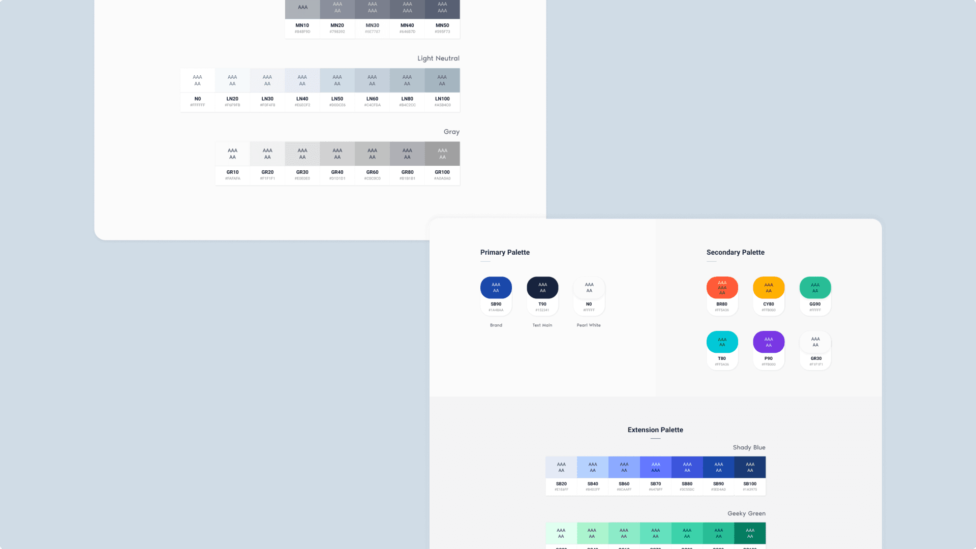 ABMDI colour system: primary palette, secondary palette and an extension palette of shady blue and geeky green tints