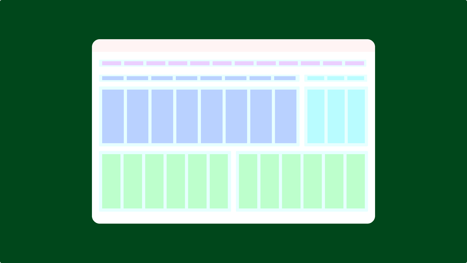 ABMDI's column grid: a header row, an eight-column region and a three-column sidebar region, laid out on a dark green canvas
