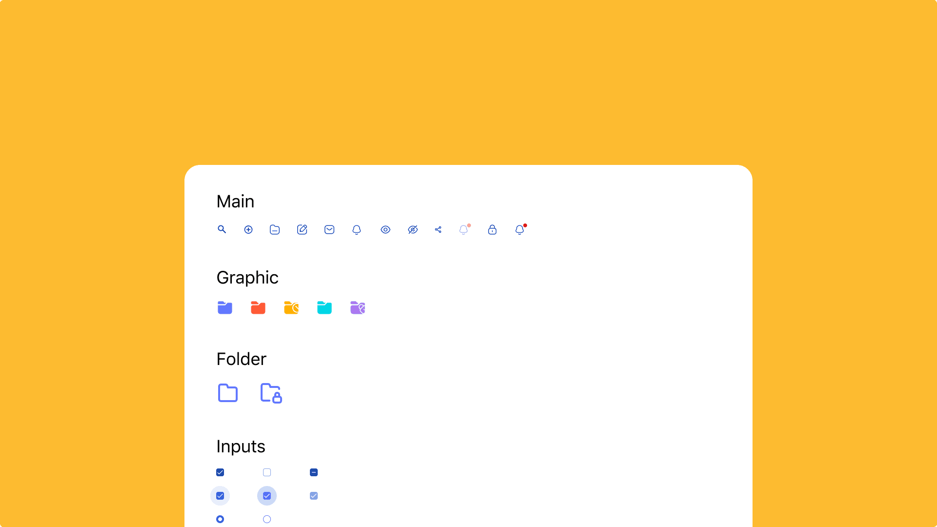 ABMDI icon component set: main action icons, graphic and folder category icons, and checkbox and radio input states
