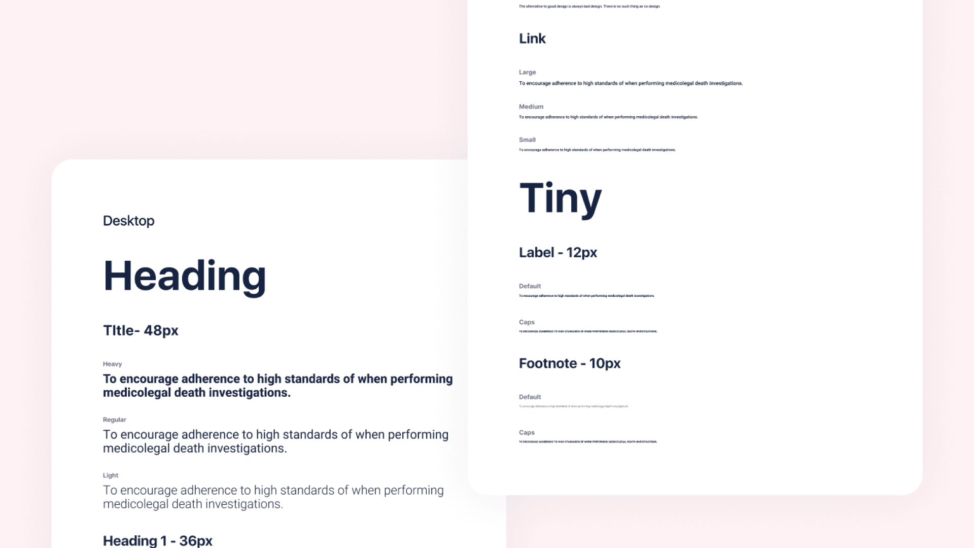 ABMDI typography scale: heading, title and body weights on the left, link and tiny label styles on the right