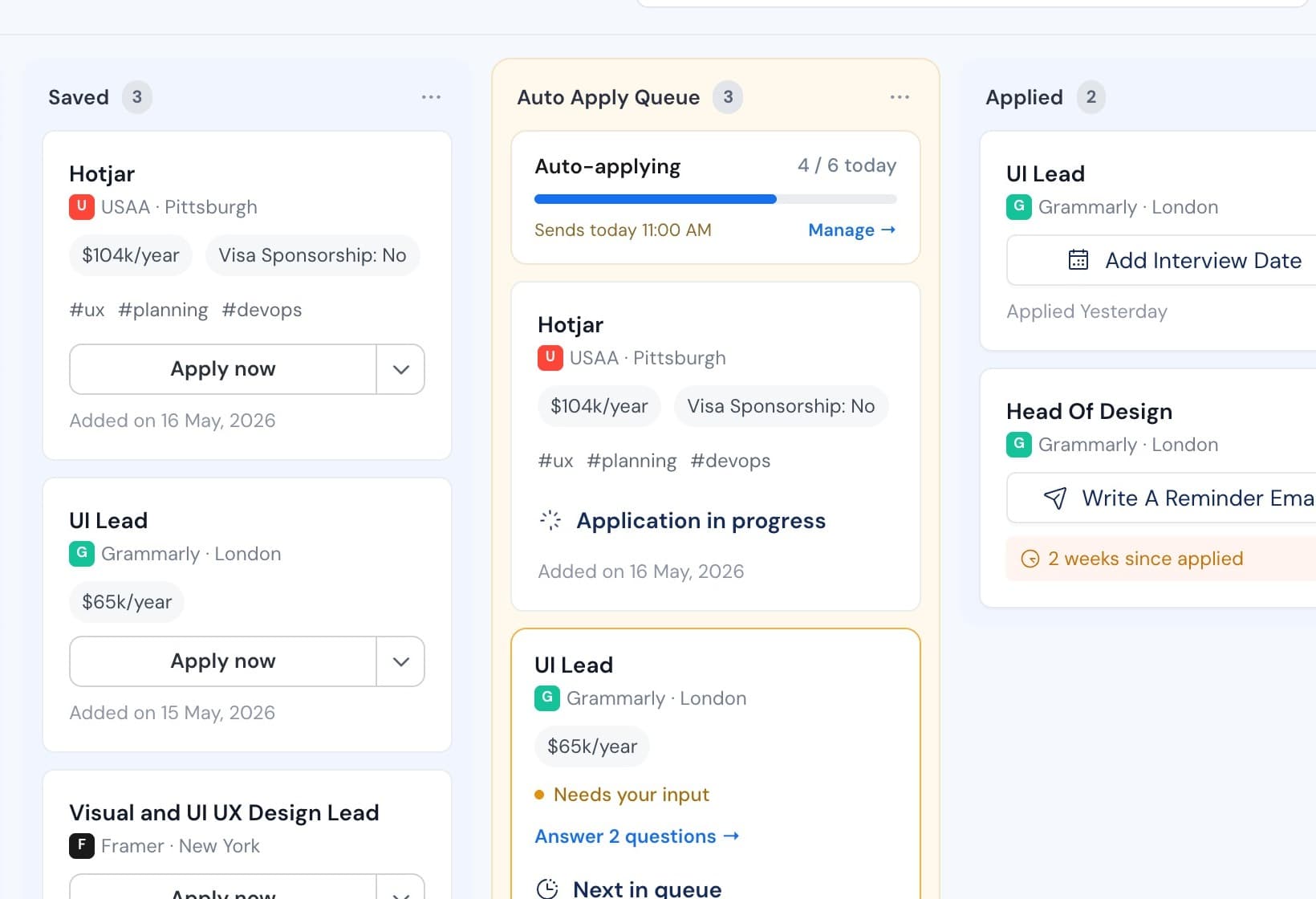 The Auto Apply Queue: one application in progress, one needing input on two questions, one next in line, each with a live status