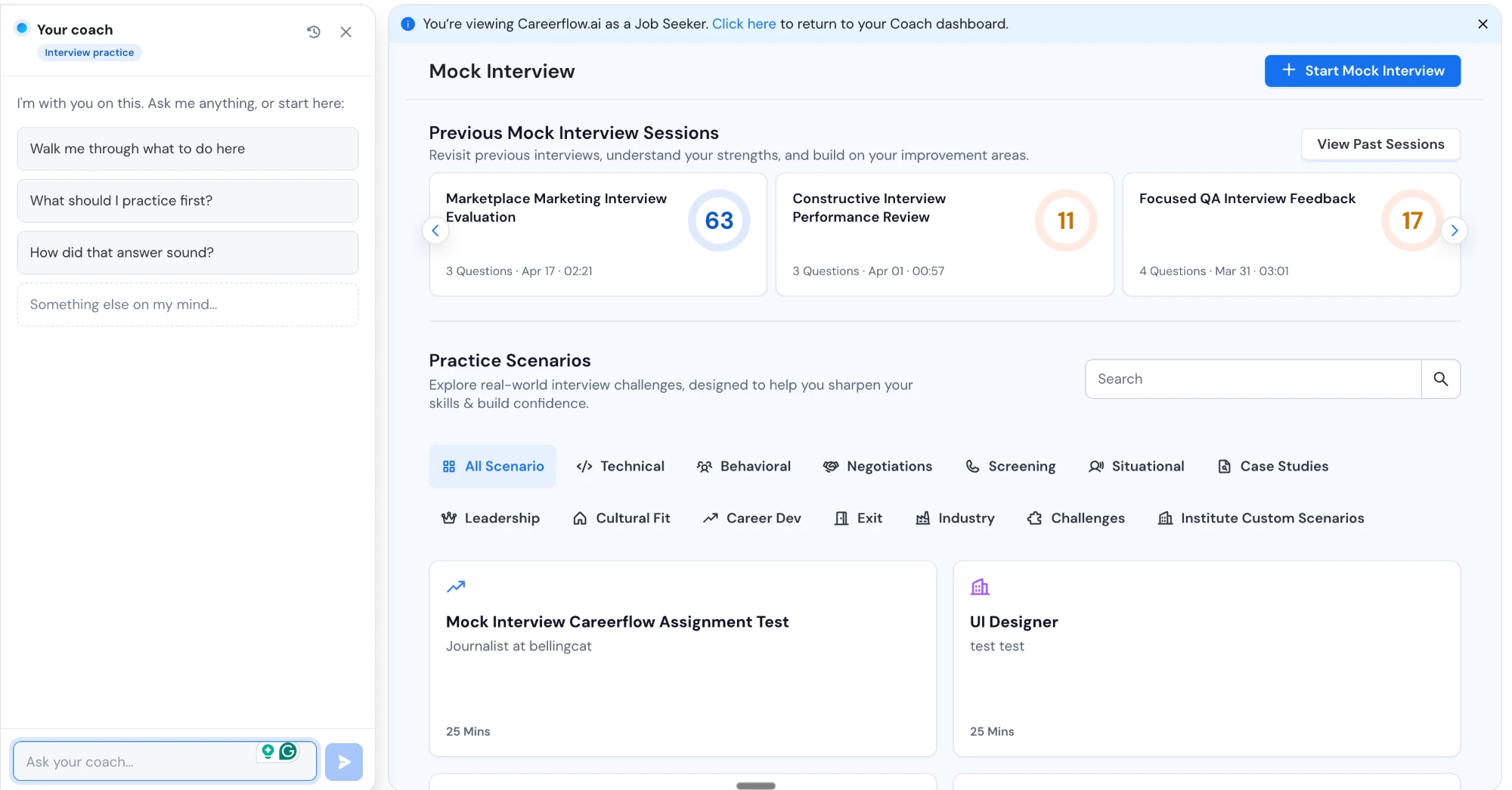 The Your Coach ambient chat panel open beside the Mock Interview dashboard, with past session scores and practice scenarios