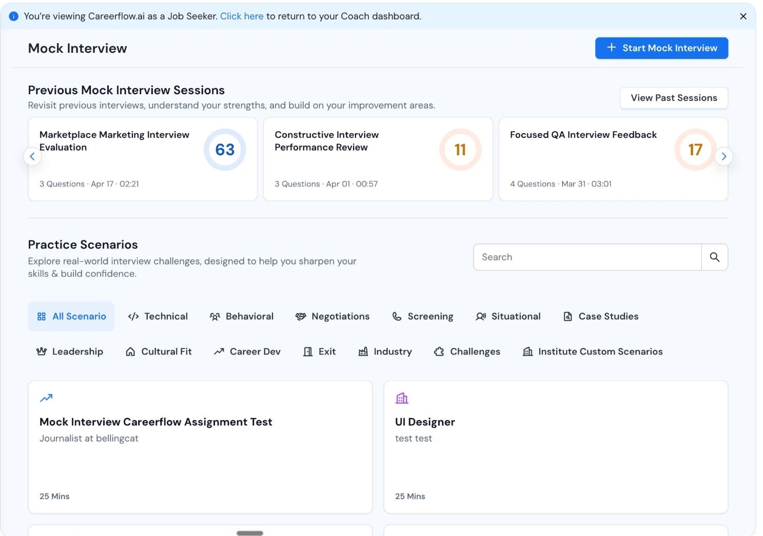 The Mock Interview dashboard: scored past sessions and a filterable library of practice scenarios by type