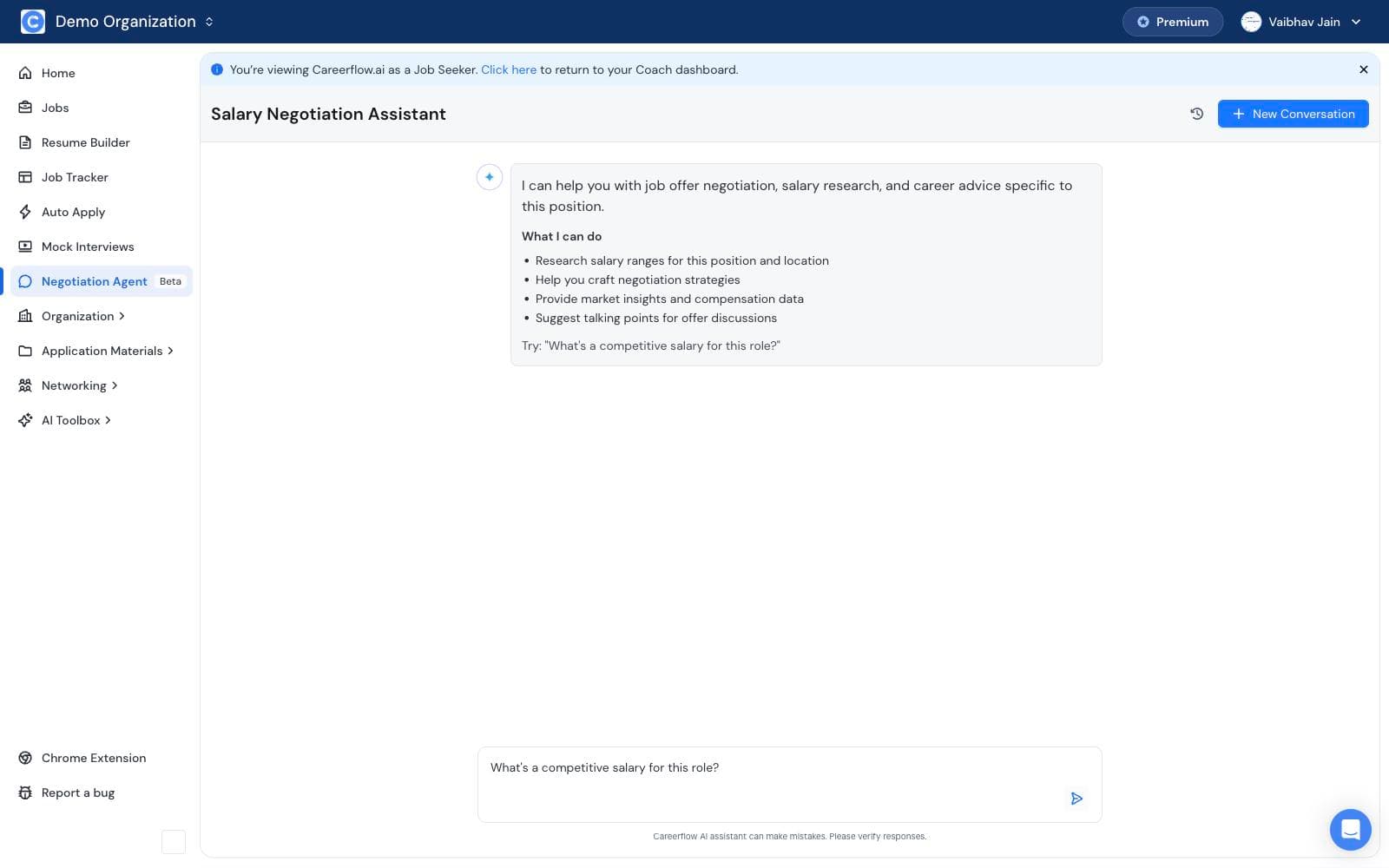 The Negotiation Agent: an AI chat scoped to a specific job, offering to research salary ranges and draft talking points