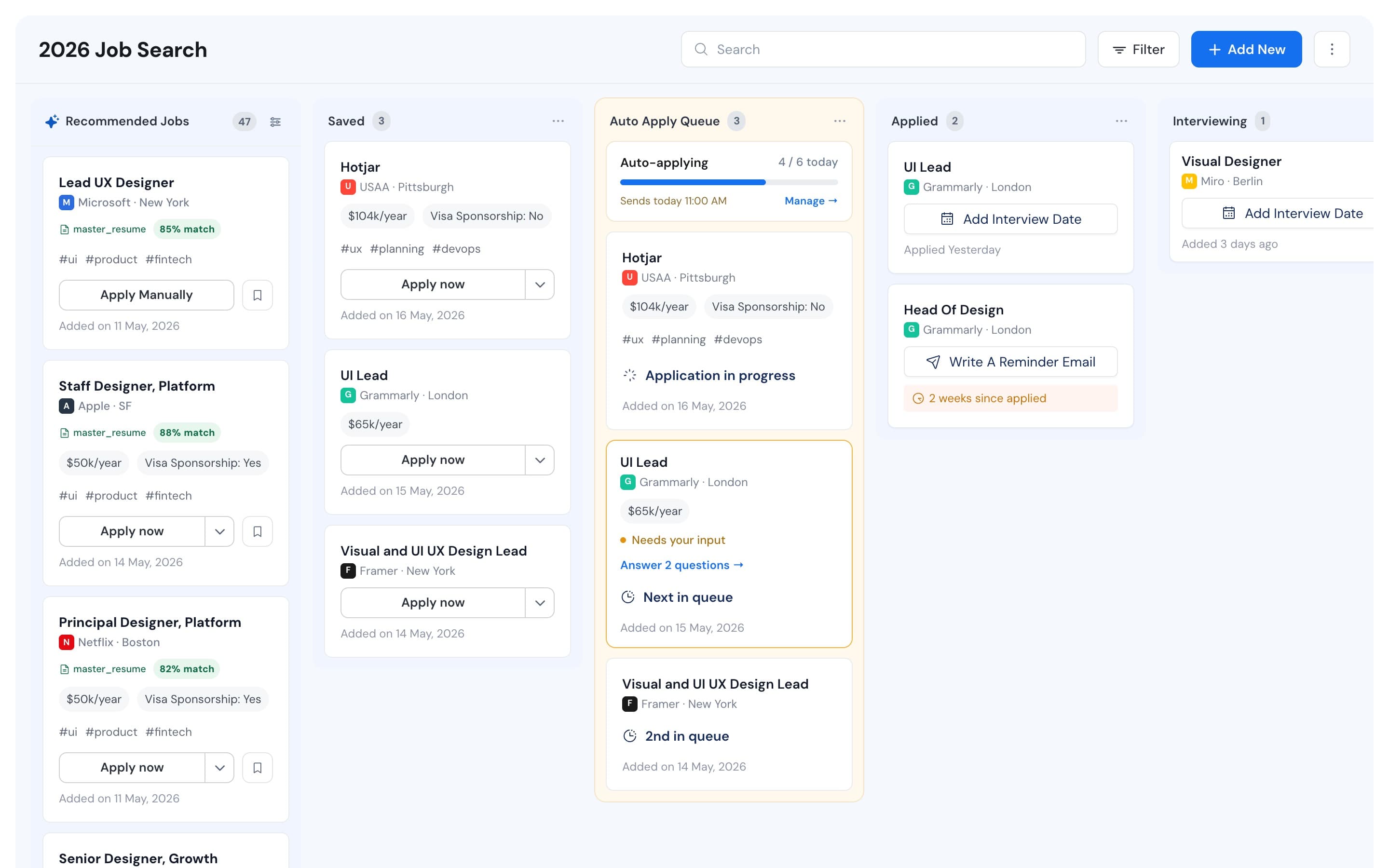 The revamped Job Tracker board: Recommended Jobs with match-percentage scores, and an Auto Apply Queue showing live application progress