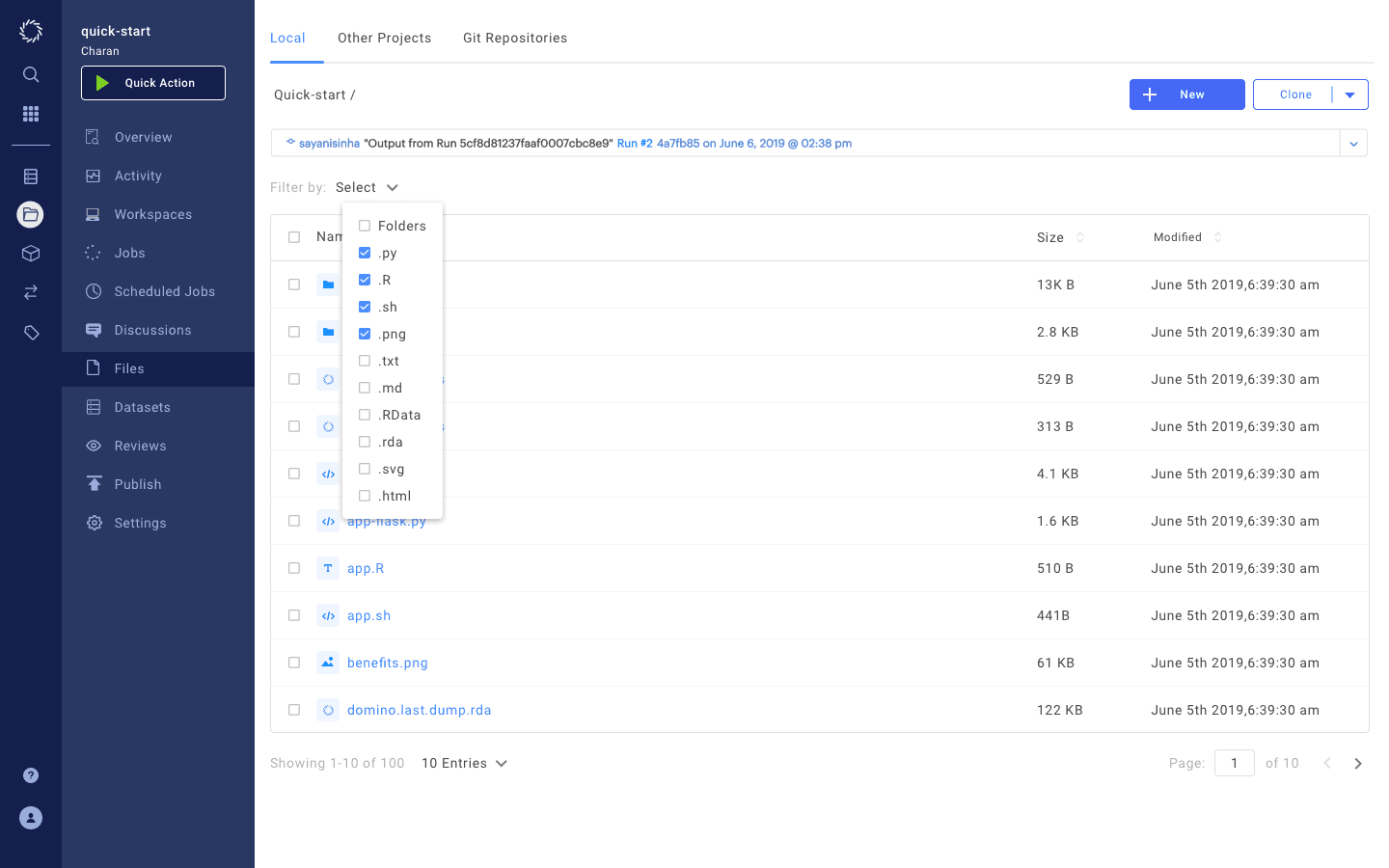 The Domino file manager inside a project, showing local files, other projects and Git repositories