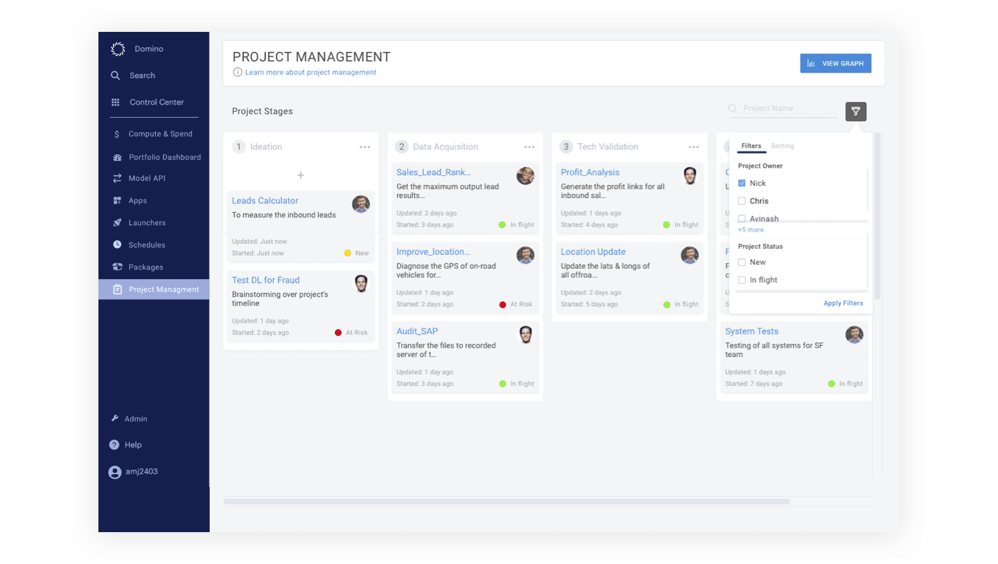 Domino Project Management: a kanban-style board with Ideation, Data Acquisition and Tech Validation stages