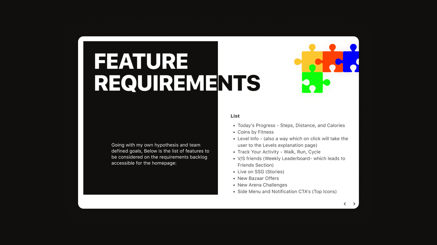 Feature requirements list for the homepage: today's progress, coins by fitness, level info, activity tracking, leaderboard, stories, offers, challenges and notifications