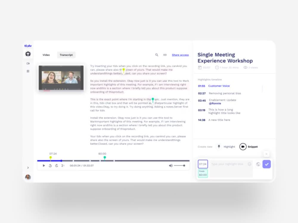 The tl;dv meeting workspace: video and transcript side by side, a highlights timeline, and the share-access modal for sending a snippet to a teammate