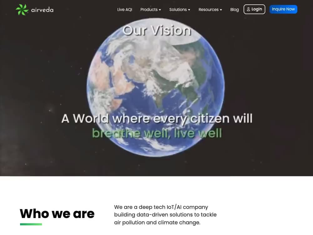 The Airveda brand language in the wild: the vision statement, mission pillars and accessible colour system on the live site