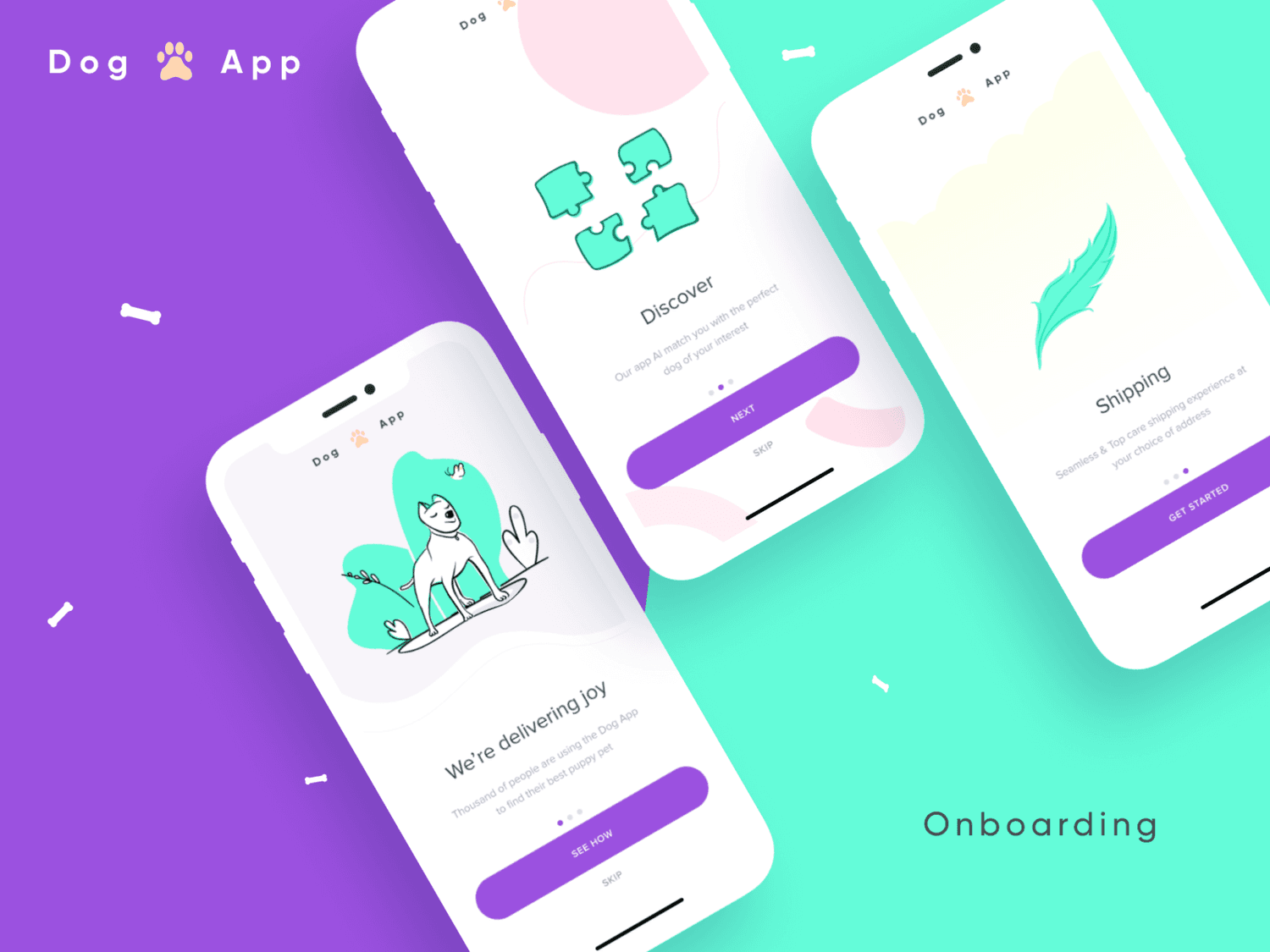 Petfinder onboarding screens: Discover, We're delivering joy, and Shipping, on a purple and mint illustration background